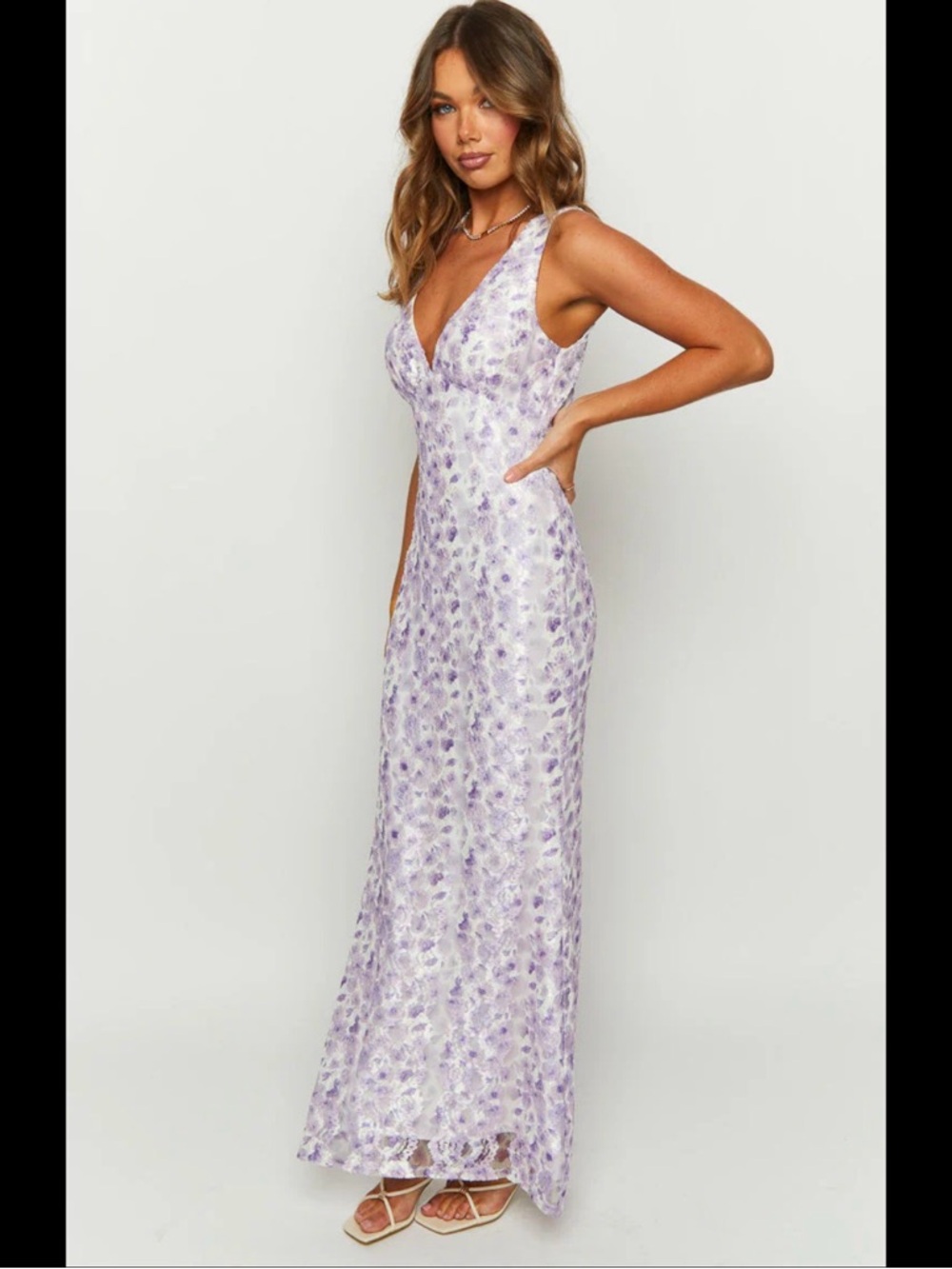 Beginning Boutique Lavender Floral V-Neck Maxi Gown